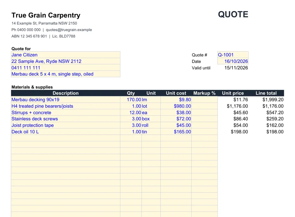 Carpenter quote template in Excel with an example job
