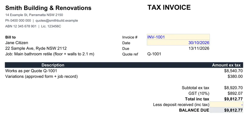Invoice tab filled from the quote