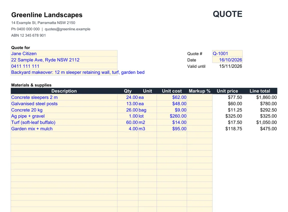Landscaper quote template in Excel with an example job