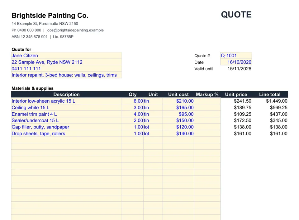 Painter quote template in Excel with an example job