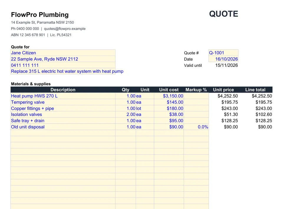 Plumber quote template in Excel with an example job